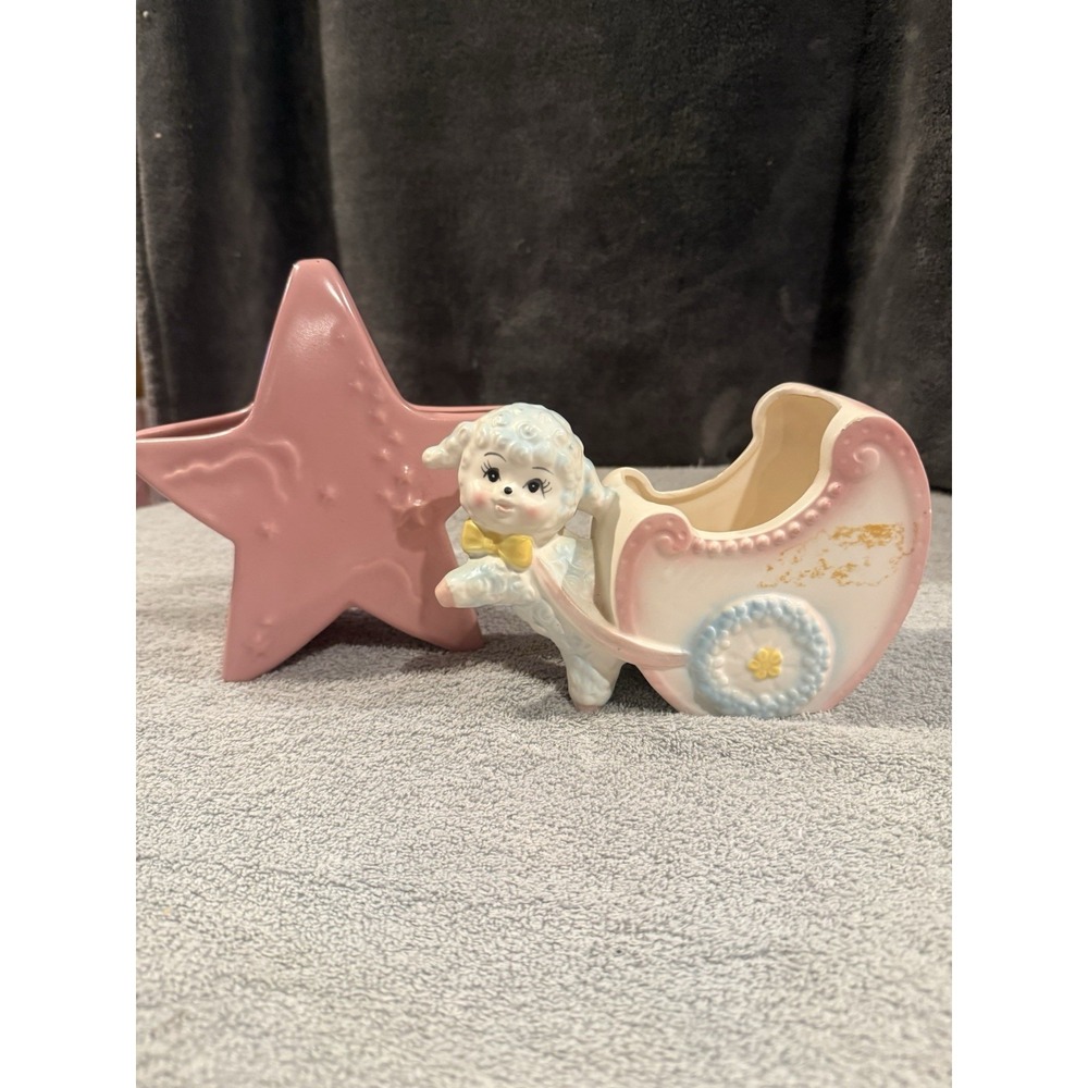 Vintage 1950s Abingdon Pottery Pink Star Vase / Planter & Lamb Baby Buggy Inarco